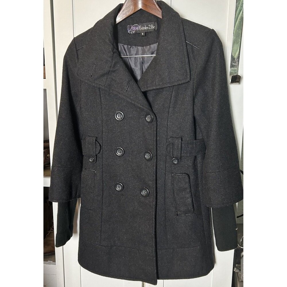 Women's Small Freedom 2 Be Mid-Length Solid‎ Charcoal Gray Pocket Pea Coat
